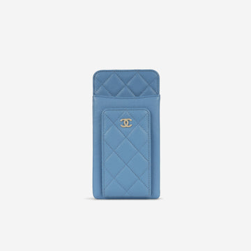 Chanel CC Phone Holder  Blue Caviar Champagne Gold Hardware
