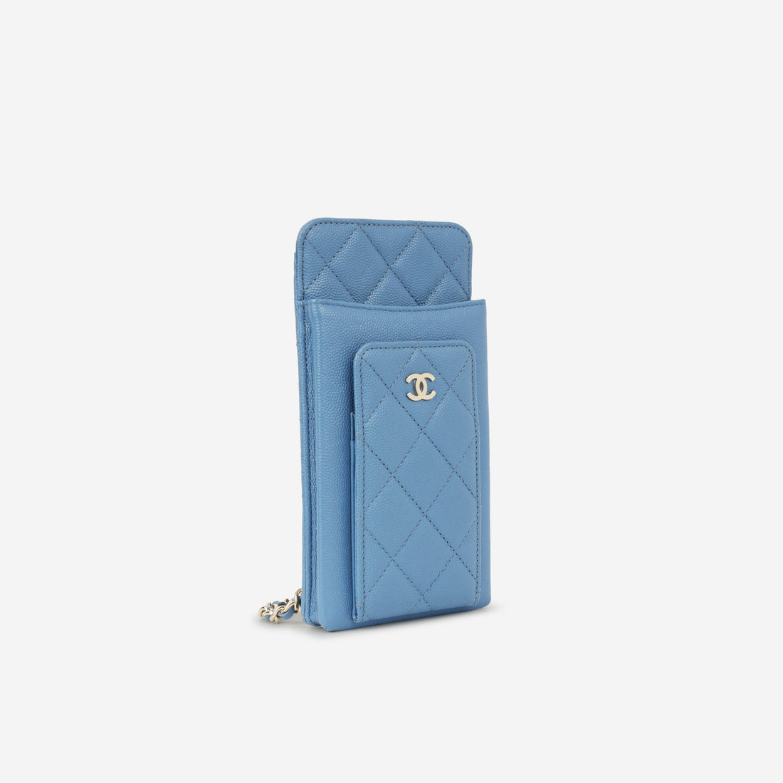 Chanel CC Phone Holder  Blue Caviar Champagne Gold Hardware