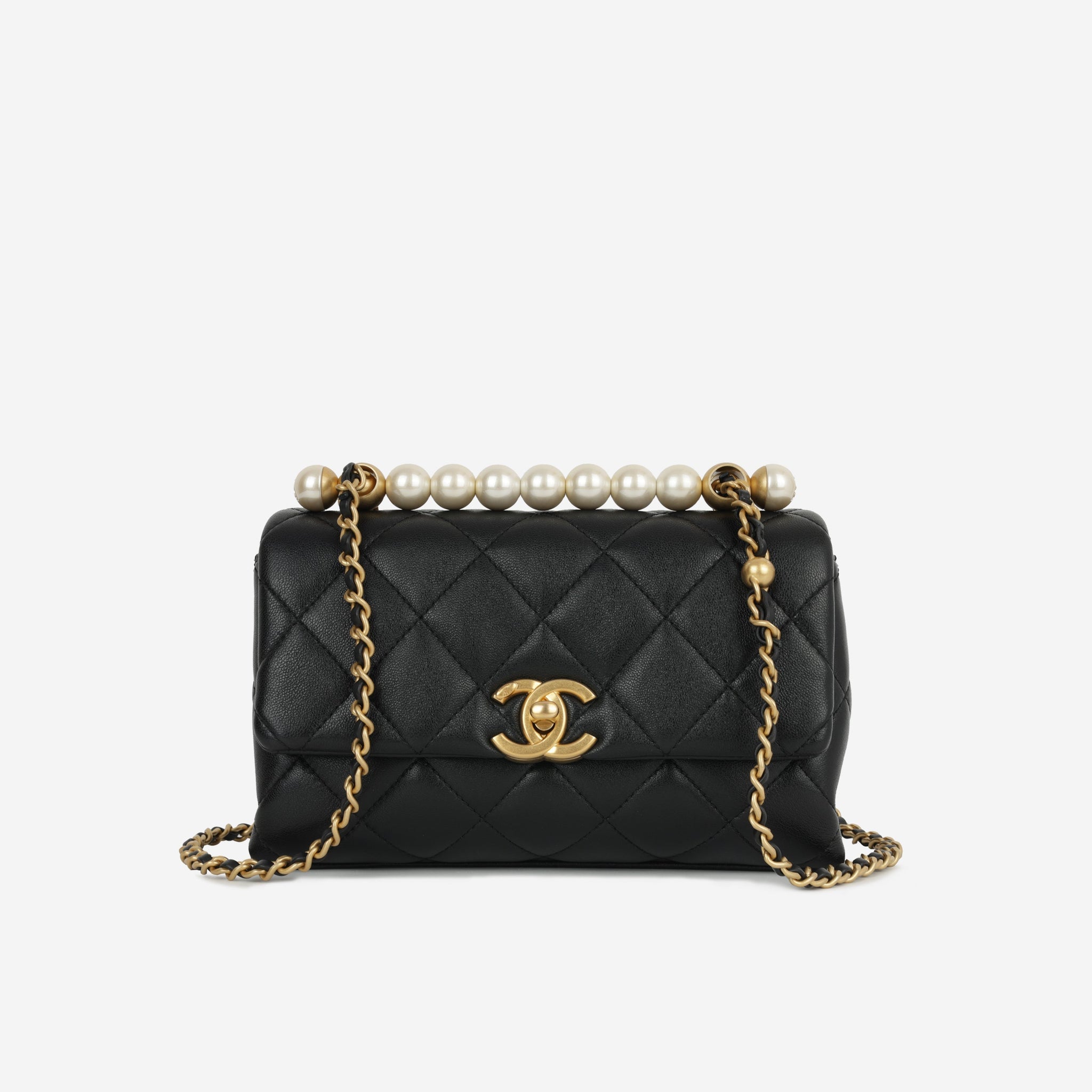 Chanel Mini Rectangular with Pearl Top Handle Black Lambskin Aged Gold Hardware