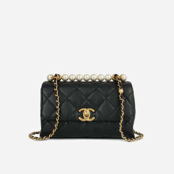 Chanel Mini Rectangular with Pearl Top Handle Black Lambskin Aged Gold Hardware