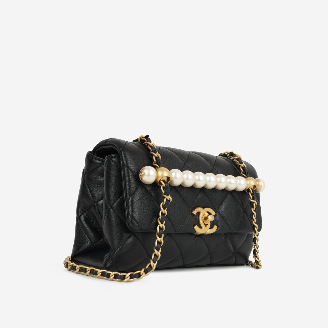 Chanel Mini Rectangular with Pearl Top Handle Black Lambskin Aged Gold Hardware
