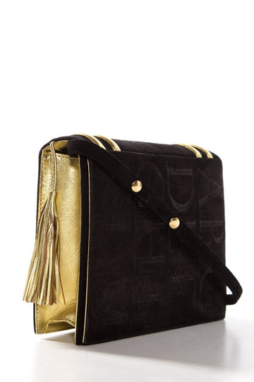 Paloma Picasso Black & Gold Embossed Suede Clutch