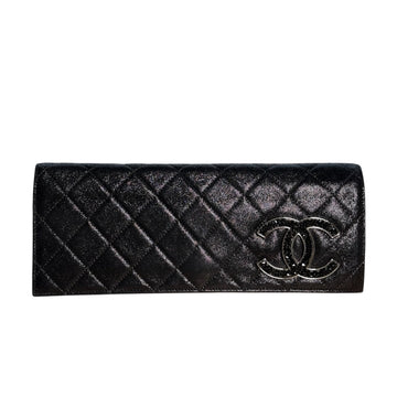 CC Black Quilted Iridescent Calfskin Strass Long Clutch