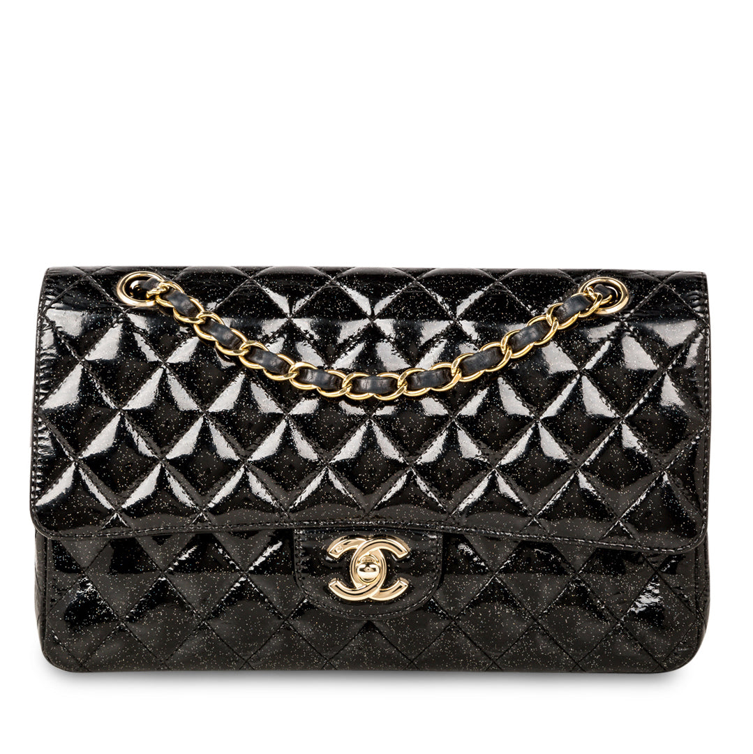 Chanel Classic Flap Bag Medium Patent Black Glitter