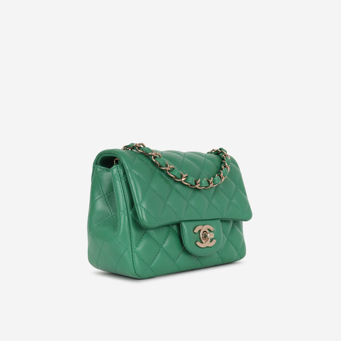 Chanel Mini Square Green Lambskin Champagne Gold Hardware