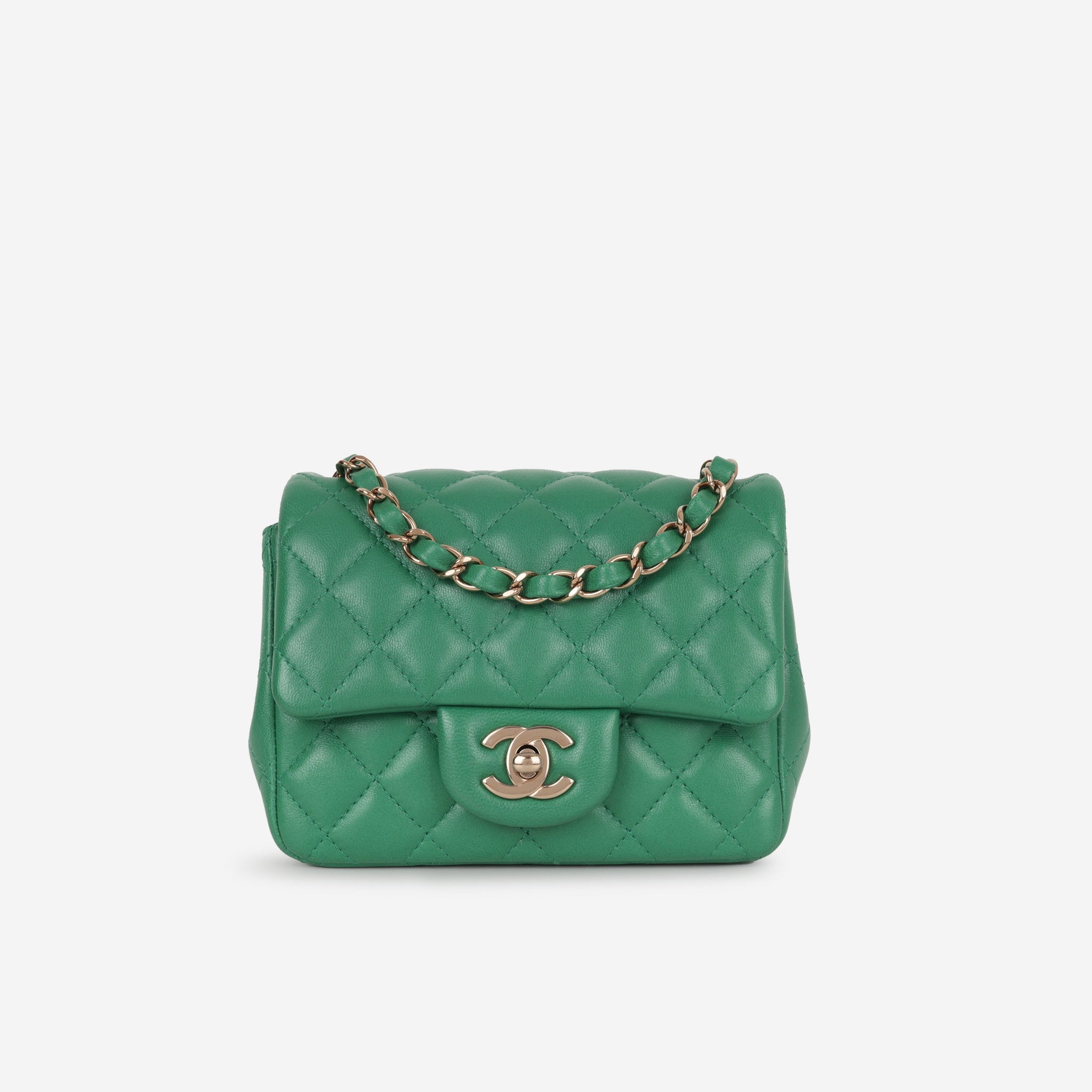 Chanel Mini Square Green Lambskin Champagne Gold Hardware