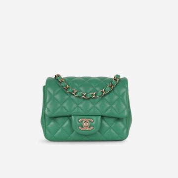 Chanel Mini Square Green Lambskin Champagne Gold Hardware
