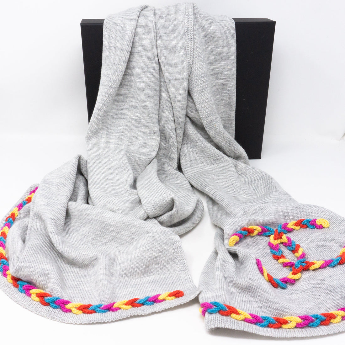 Colorful CC Long Scarf Gray Wool & Silk