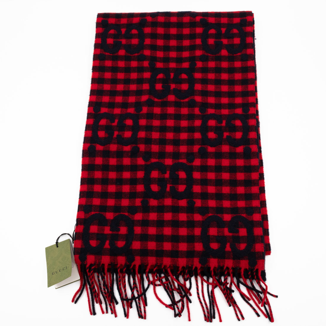 Gucci GG Plaid Tartan Wool Scarf Stole Red & Dark Blue