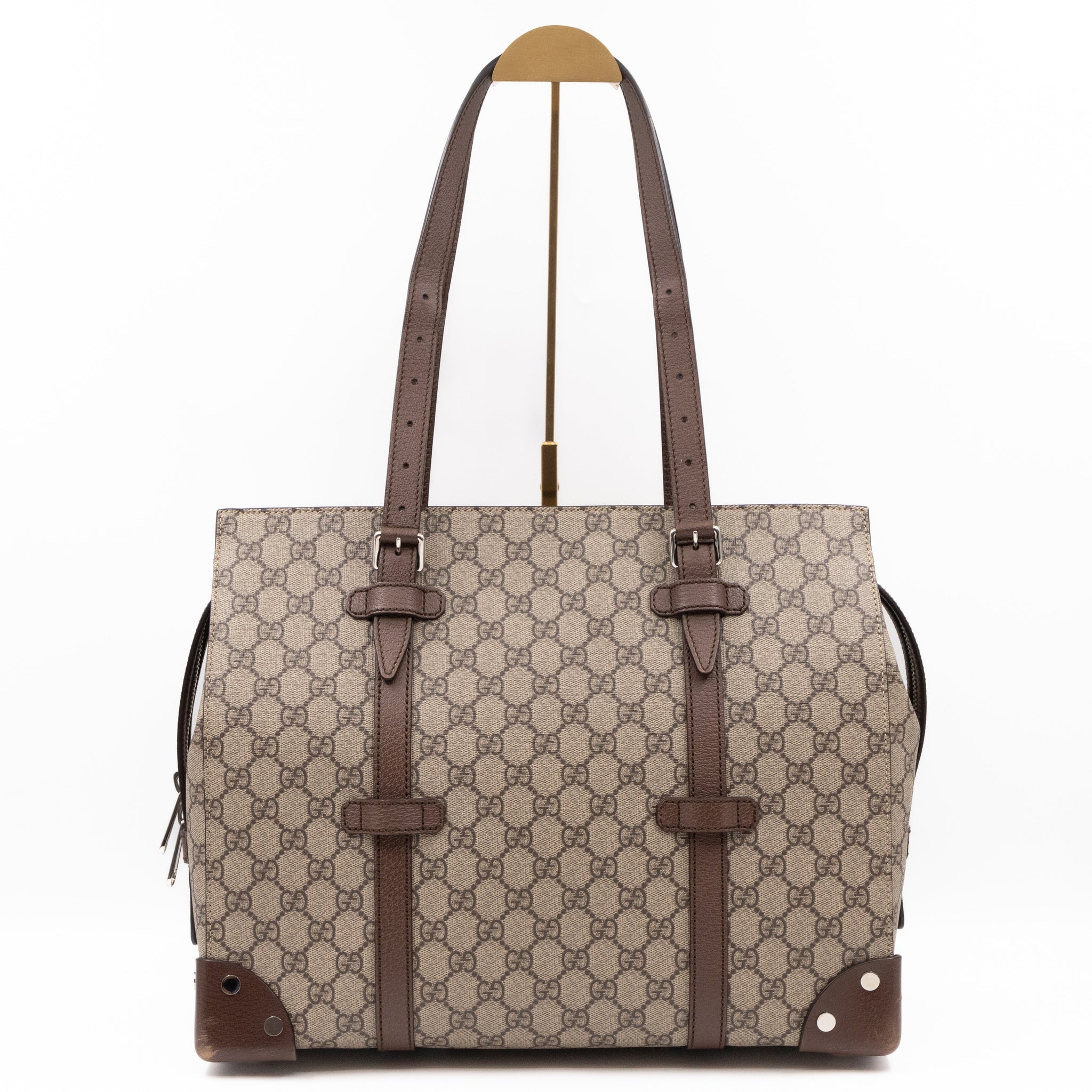 Gucci Buckle Travel Tote GG Supreme Canvas Brown Leather