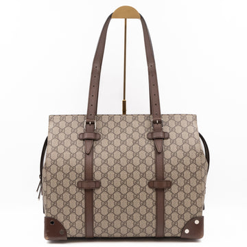 Gucci Buckle Travel Tote GG Supreme Canvas Brown Leather