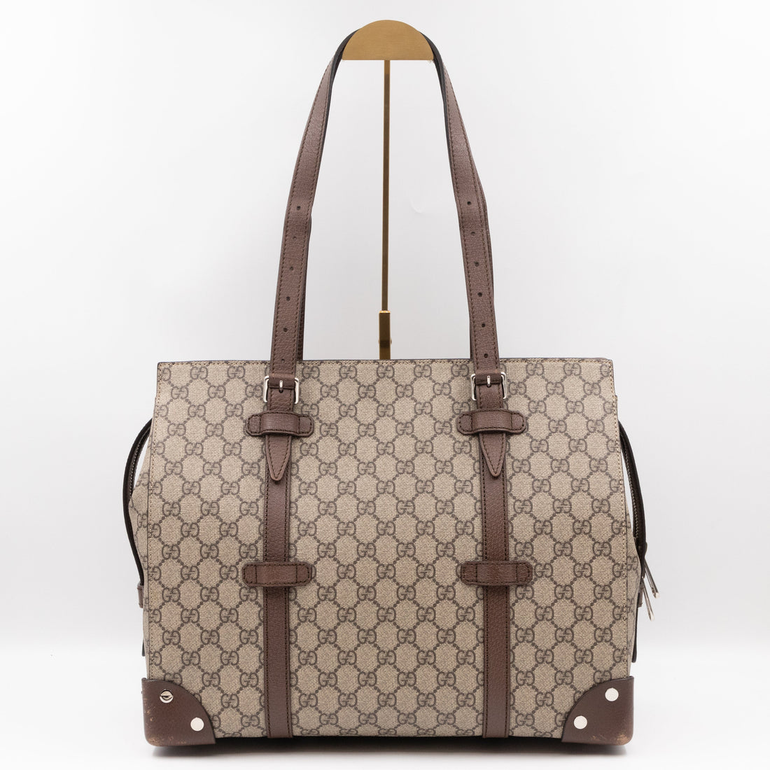 Gucci Buckle Travel Tote GG Supreme Canvas Brown Leather