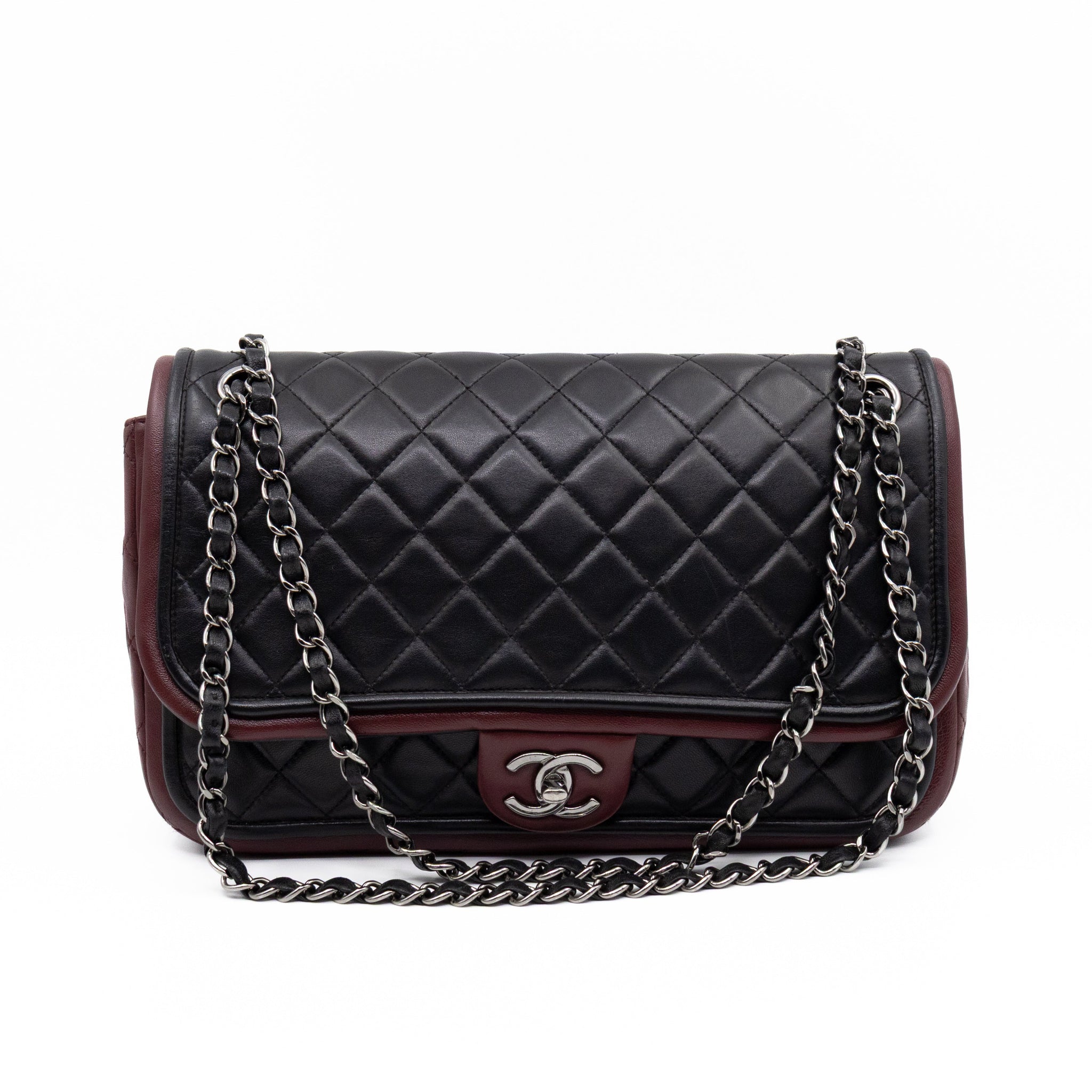 Twist Two Tone Large Flap Bag Black & Burgundy Leather