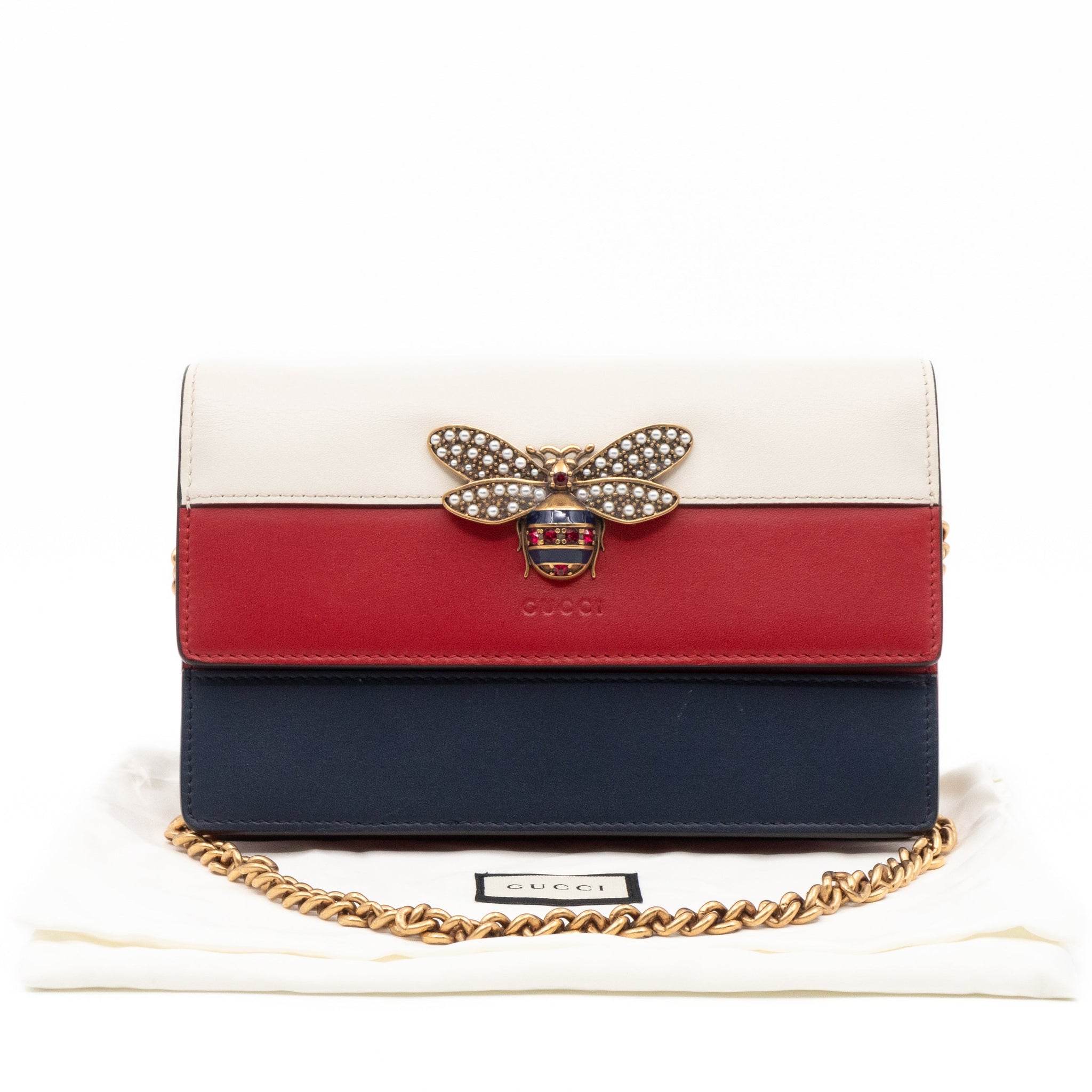 Gucci Queen Margaret Bee Wallet on Chain Blue & Red & White Leather