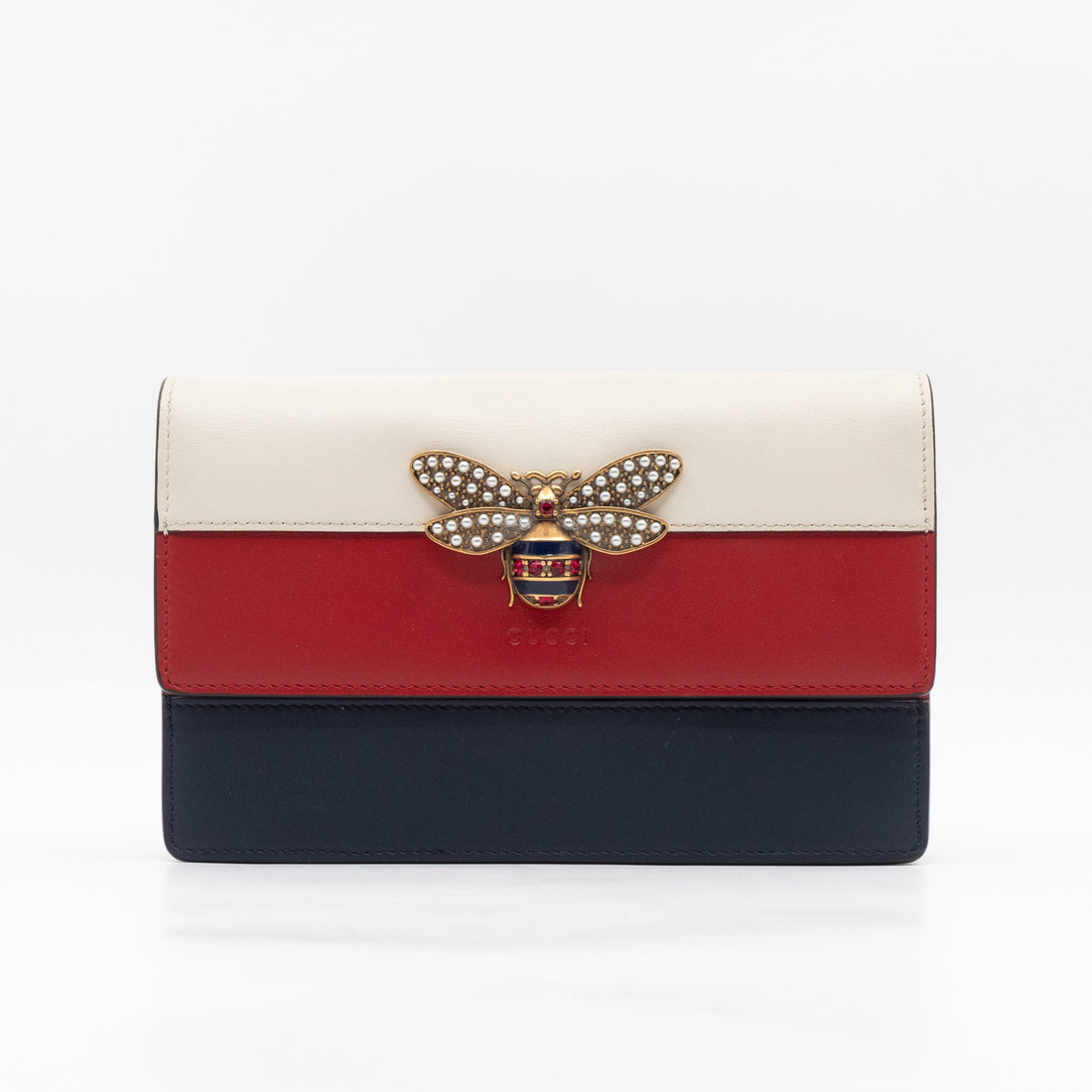 Gucci Queen Margaret Bee Wallet on Chain Blue & Red & White Leather