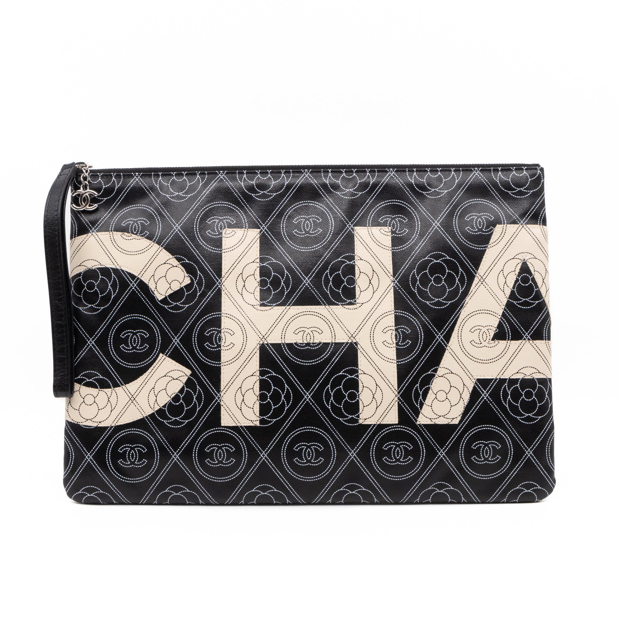 Large O-Pouch CC Camellia Black & White Coated Canvas