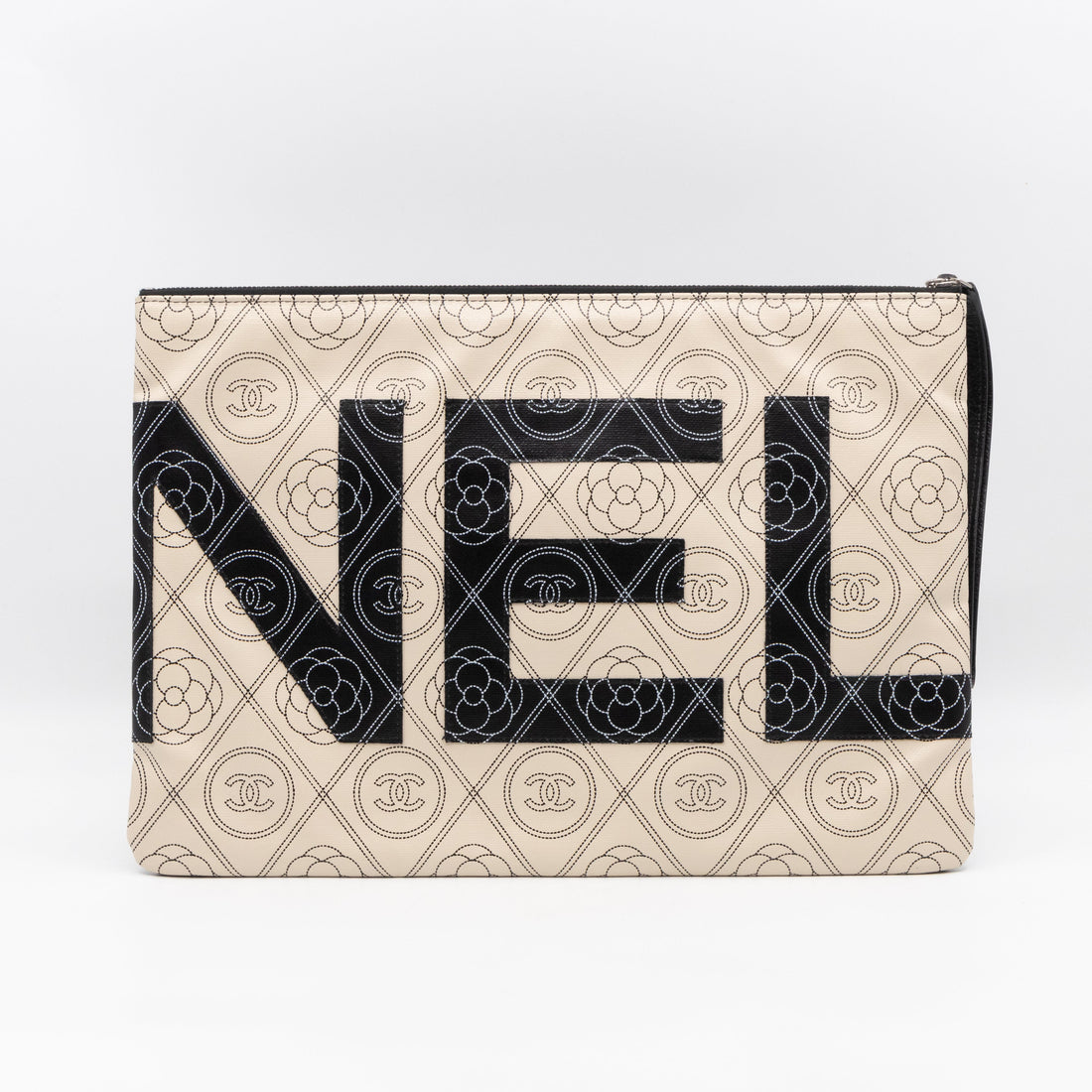 Large O-Pouch CC Camellia Black & White Coated Canvas