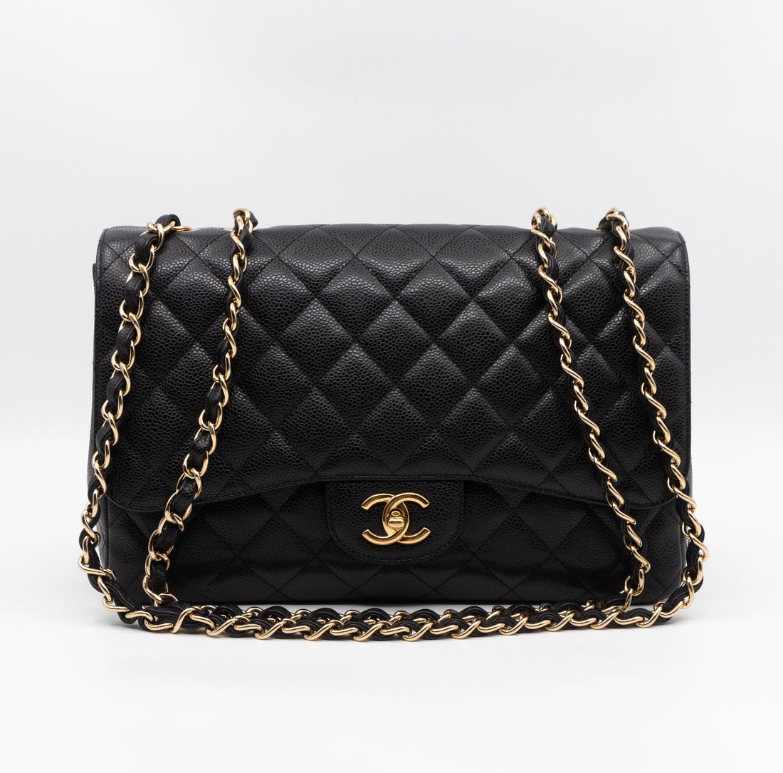 Classic Single Flap Jumbo Black Caviarskin Leather Gold
