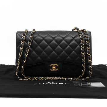 Classic Single Flap Jumbo Black Caviarskin Leather Gold