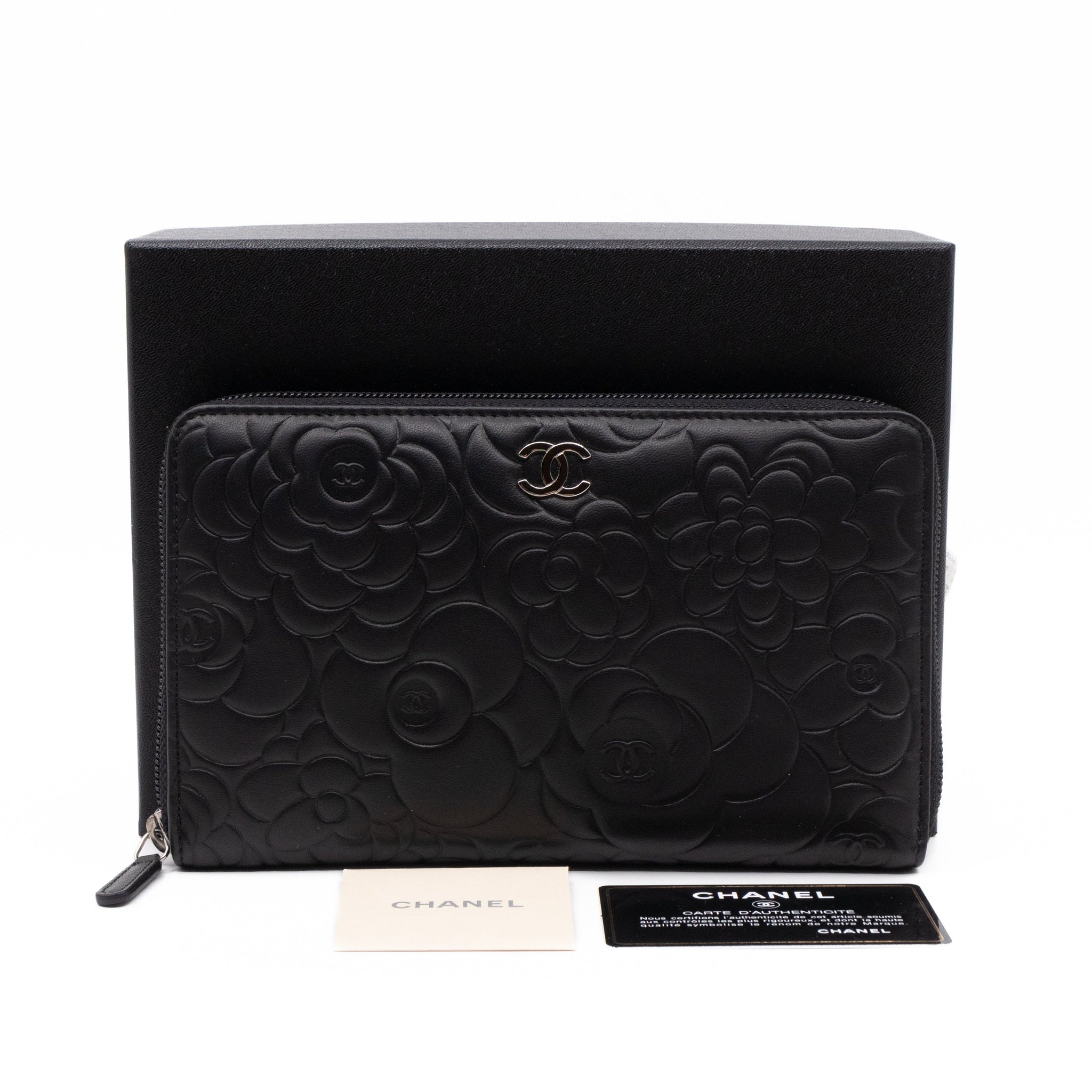 Camellia Embossed Zip Around Organizer Wallet Black Lambskin