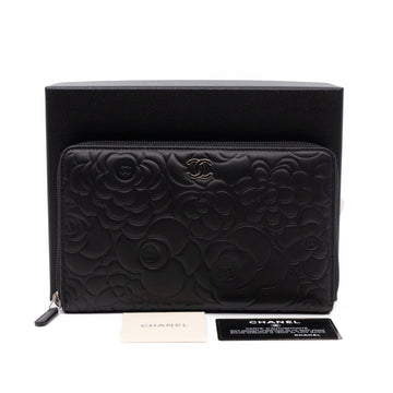 Camellia Embossed Zip Around Organizer Wallet Black Lambskin