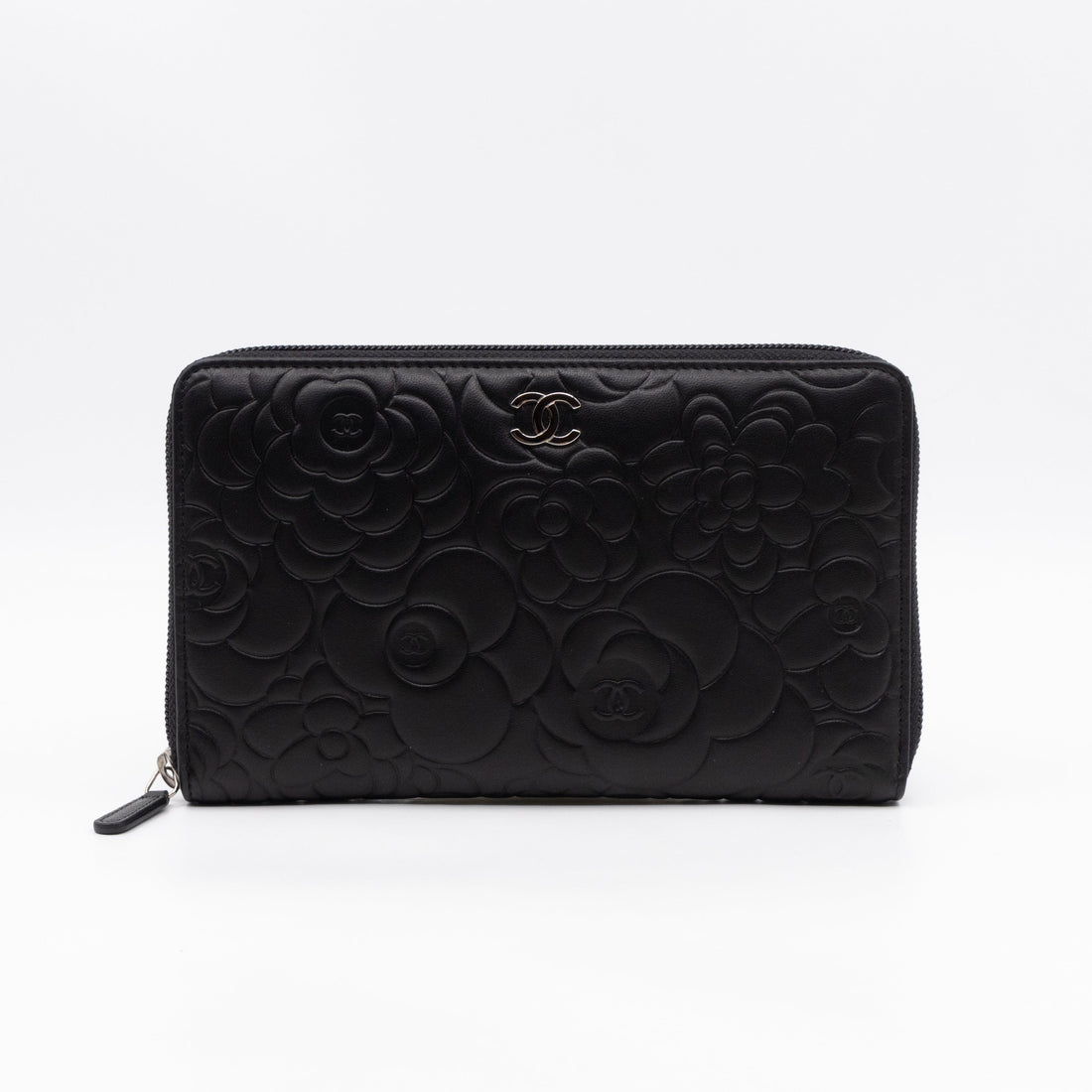 Camellia Embossed Zip Around Organizer Wallet Black Lambskin