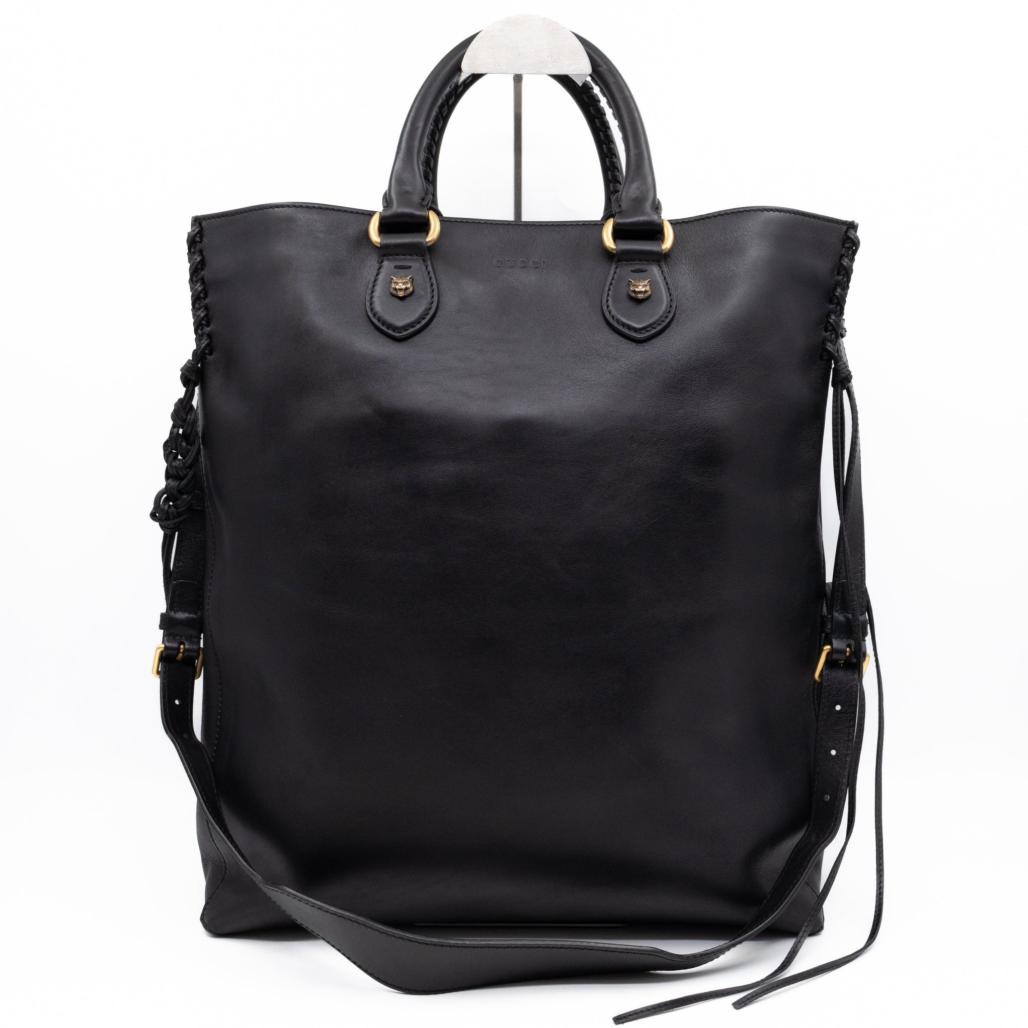 Gucci Braided Detail Feline Shopper Bag Black Leather