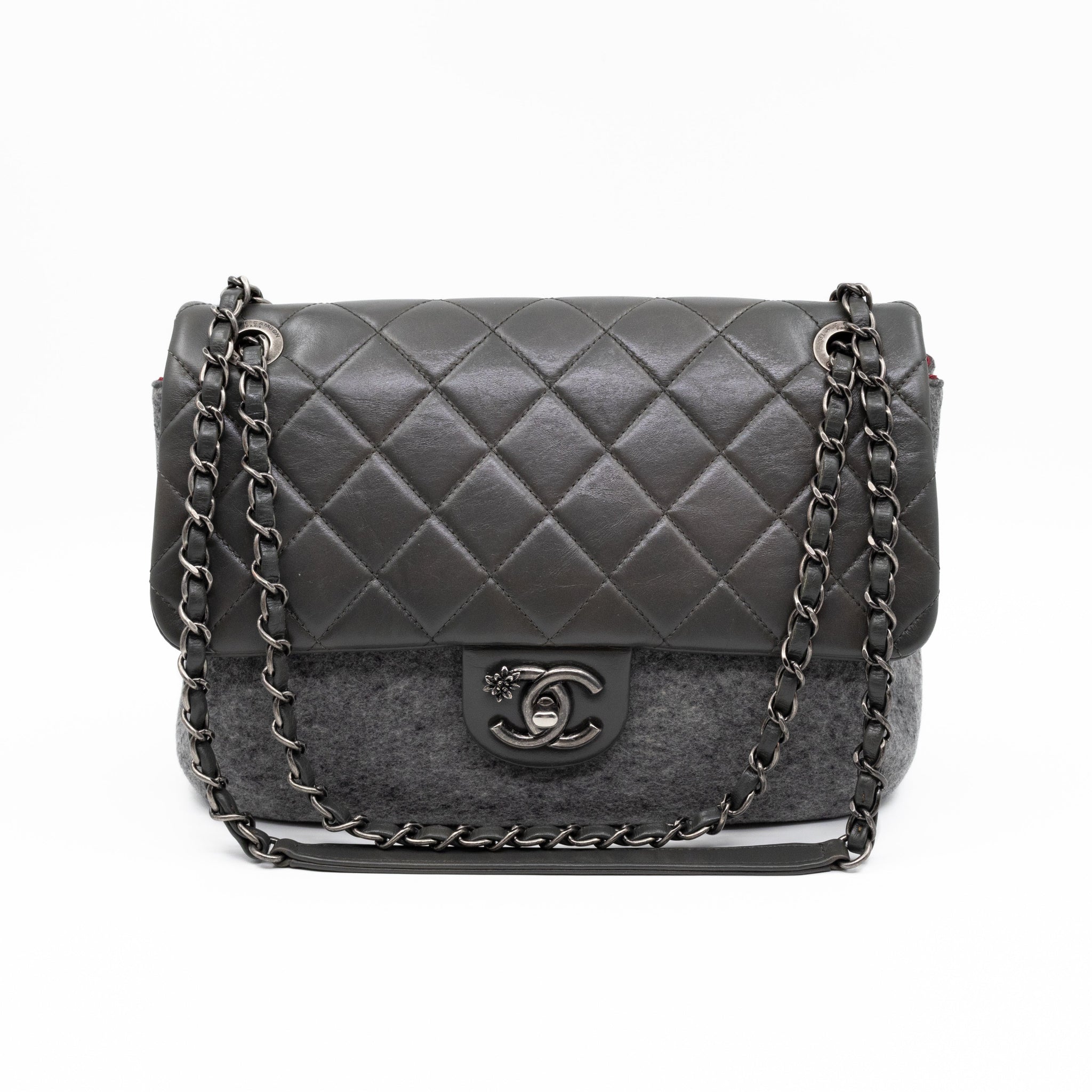 Edelweiss Flower Flap Bag Grey Glazed Calfskin & Felt