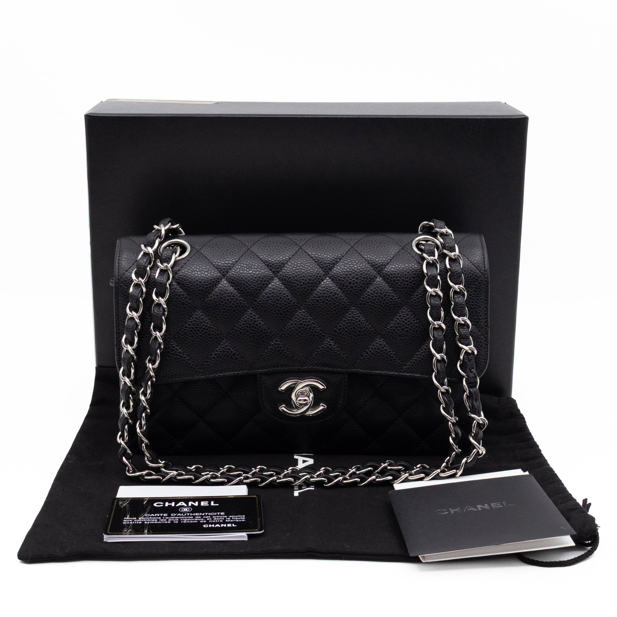 Classic Double Flap Small Black Caviarskin Silver