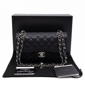 Classic Double Flap Small Black Caviarskin Silver