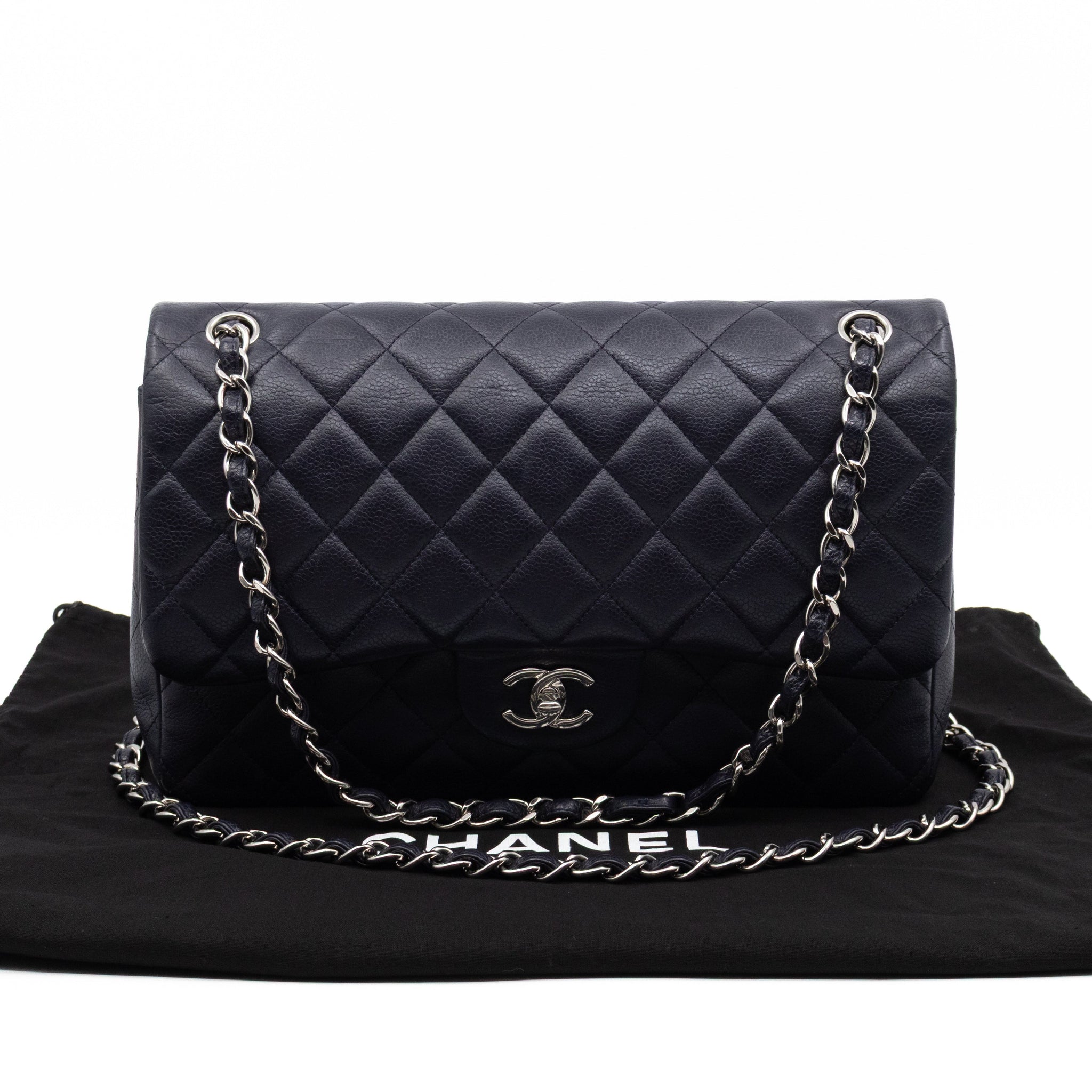 Classic Double Flap Jumbo Navy Soft Caviar Leather Silver