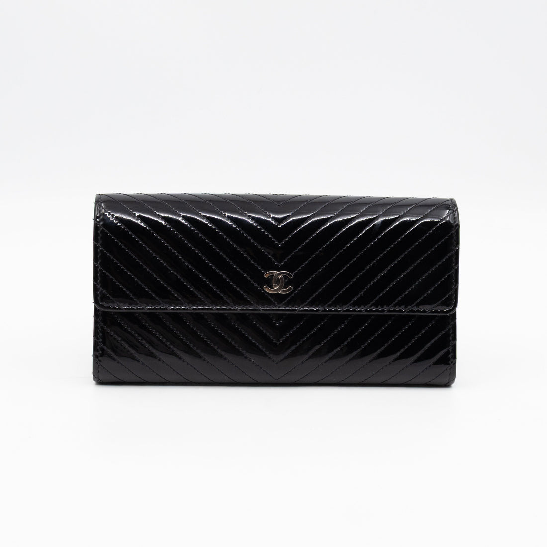 Gusset Long Flap Wallet Chevron Black Patent Leather