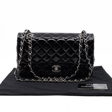 Classic Double Flap Medium Black Patent Leather Silver