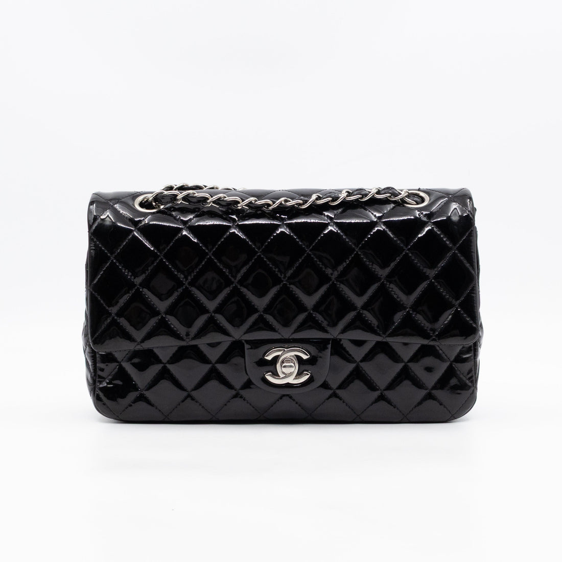 Classic Double Flap Medium Black Patent Leather Silver