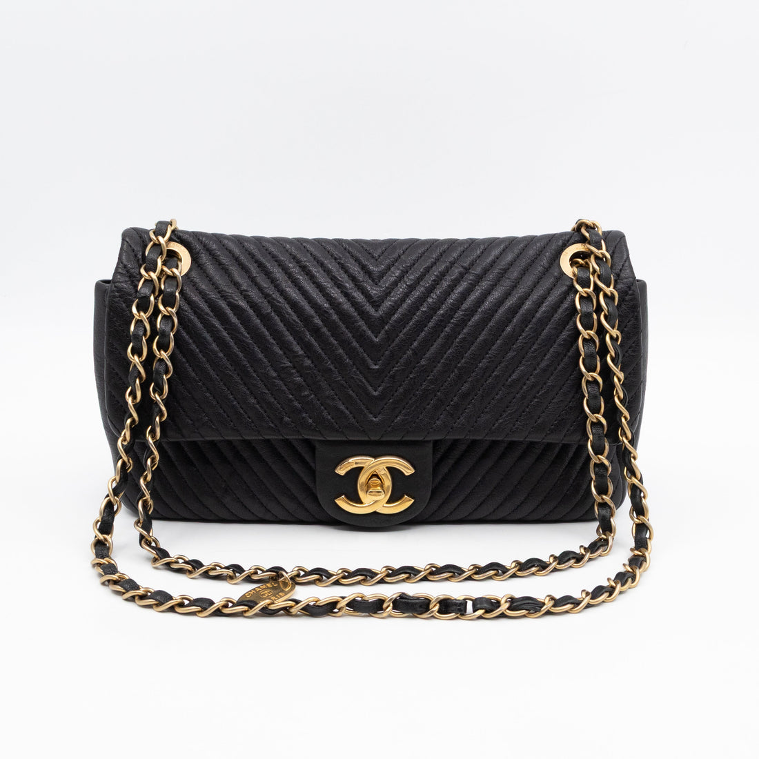 Medallion Charm Flap Bag Medium Black Chevron Leather