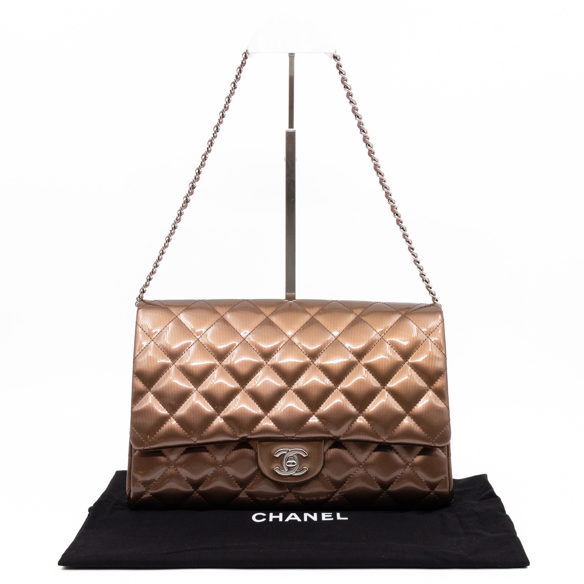 Timeless Clutch with Chain Bronze Striated Patent Leather