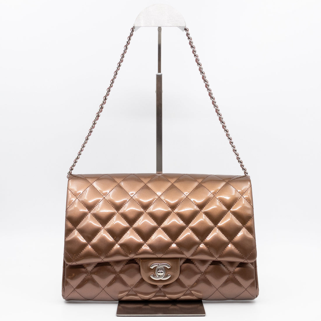 Timeless Clutch with Chain Bronze Striated Patent Leather