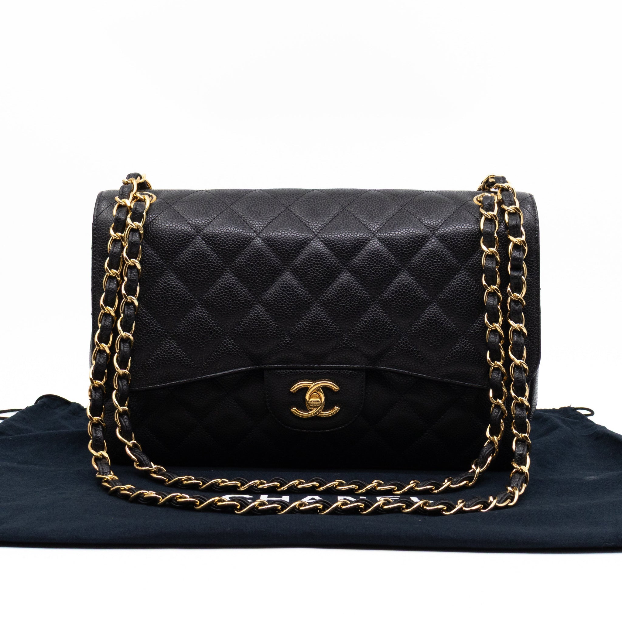 Classic Double Flap Jumbo Black Caviarskin Leather Gold