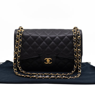 Classic Double Flap Jumbo Black Caviarskin Leather Gold