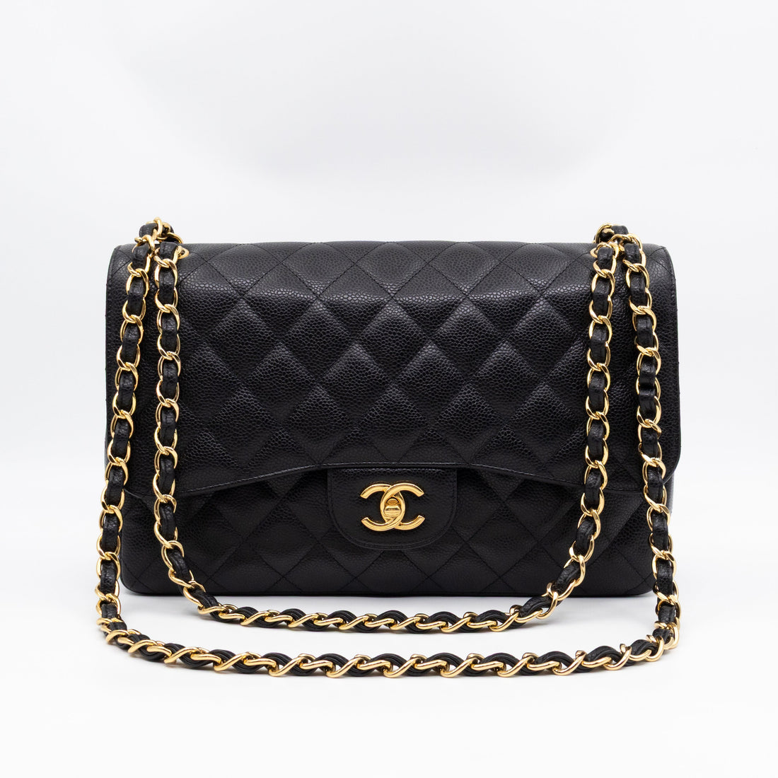Classic Double Flap Jumbo Black Caviarskin Leather Gold