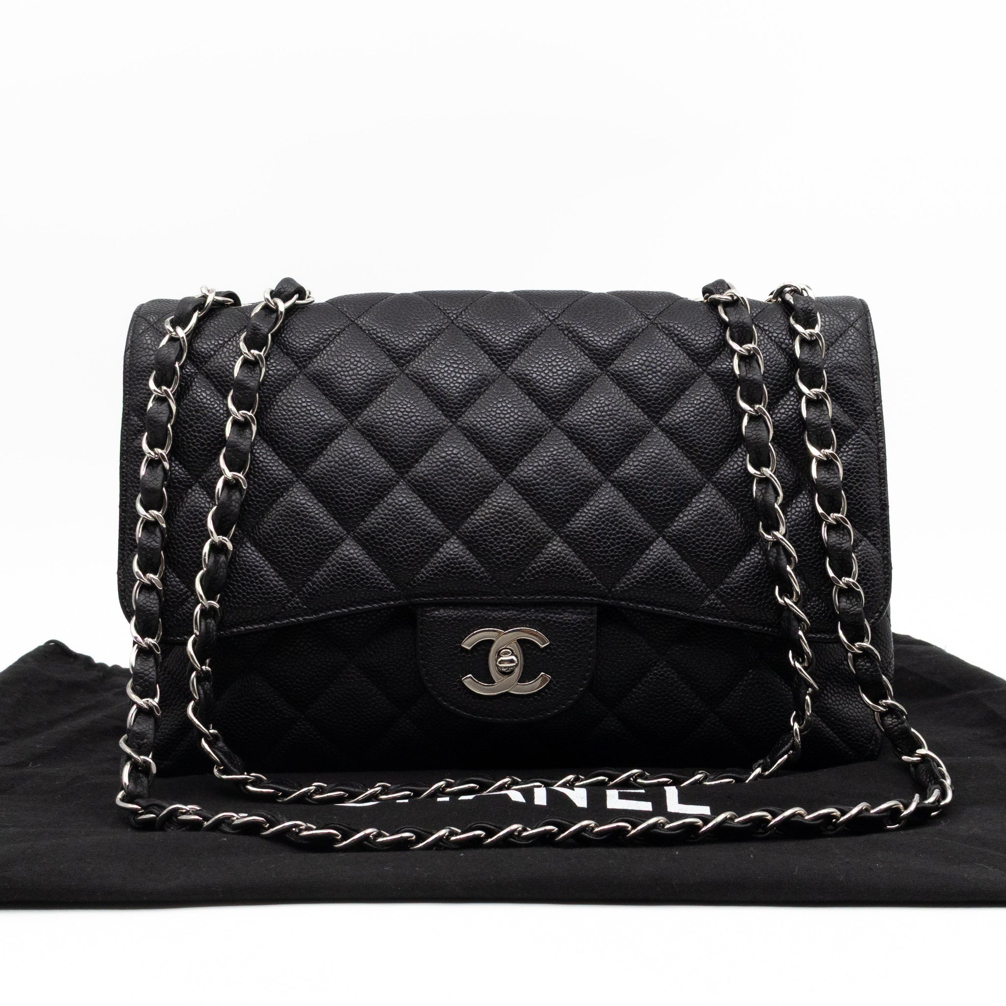 Classic Single Flap Jumbo Black Caviarskin Leather Silver