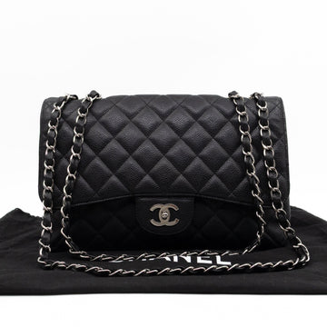 Classic Single Flap Jumbo Black Caviarskin Leather Silver