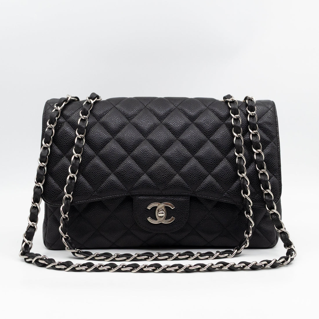 Classic Single Flap Jumbo Black Caviarskin Leather Silver