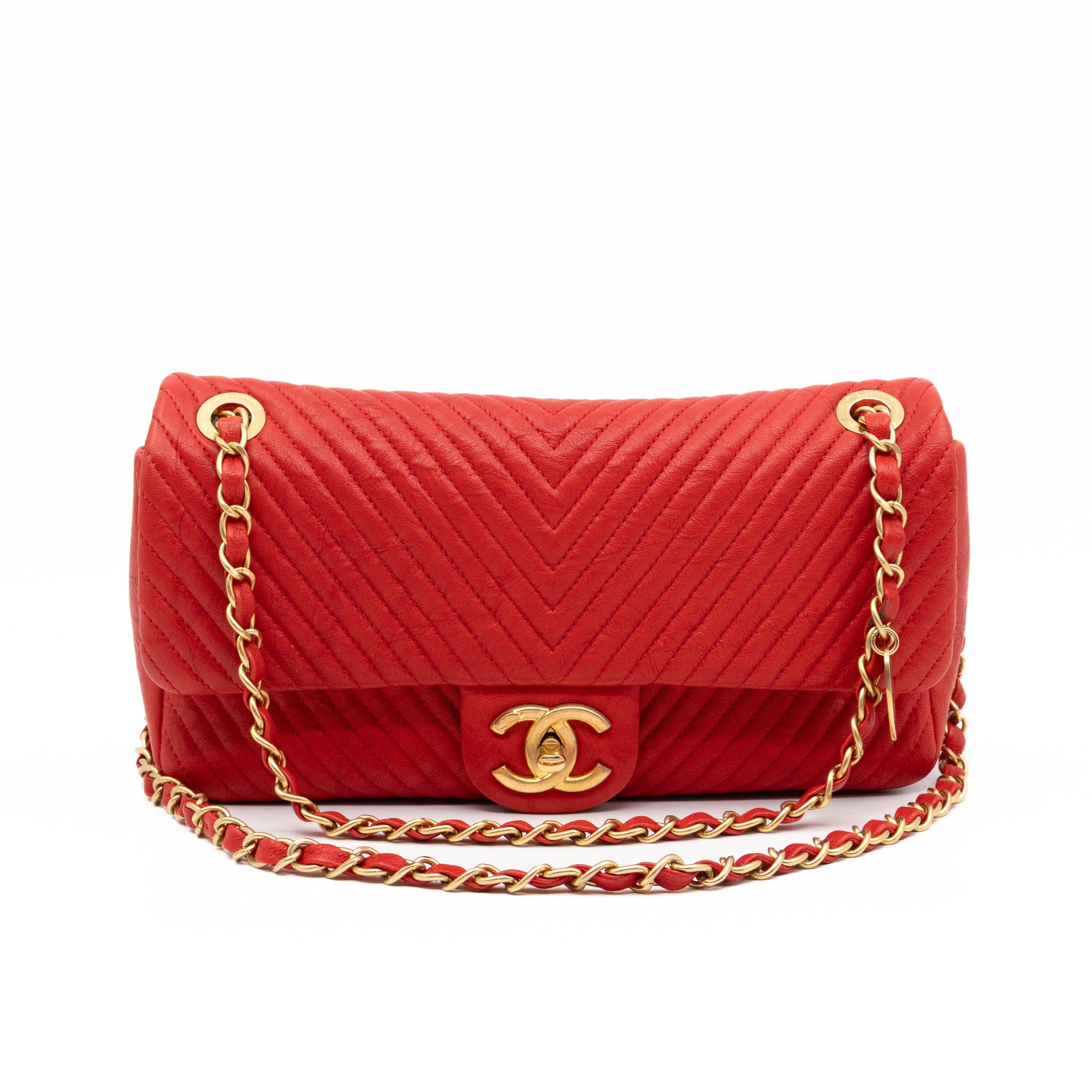 Medallion Charm Flap Bag Medium Red Chevron Calfskin Leather