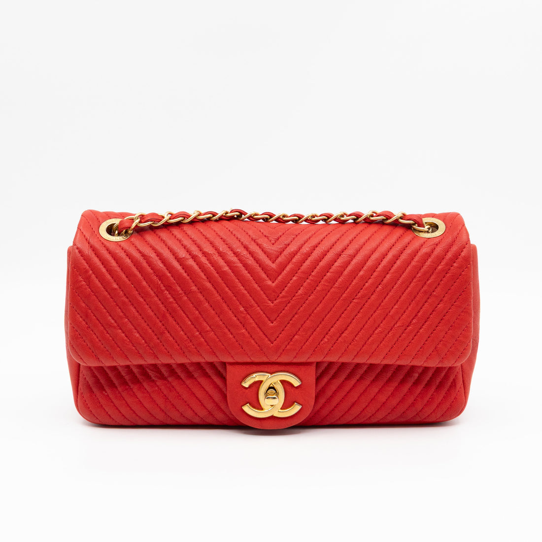 Medallion Charm Flap Bag Medium Red Chevron Calfskin Leather