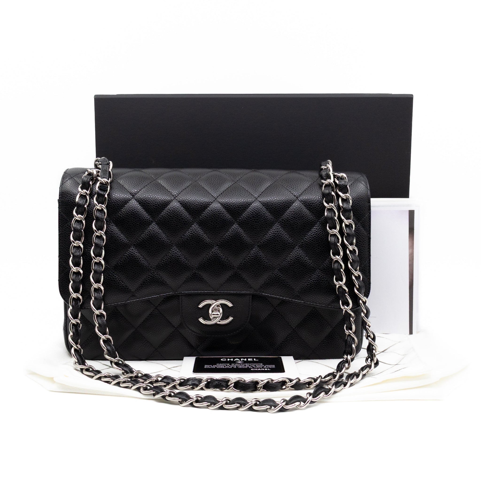 Classic Double Flap Jumbo Black Caviarskin Leather Silver