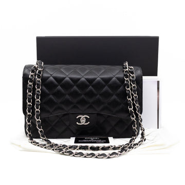 Classic Double Flap Jumbo Black Caviarskin Leather Silver