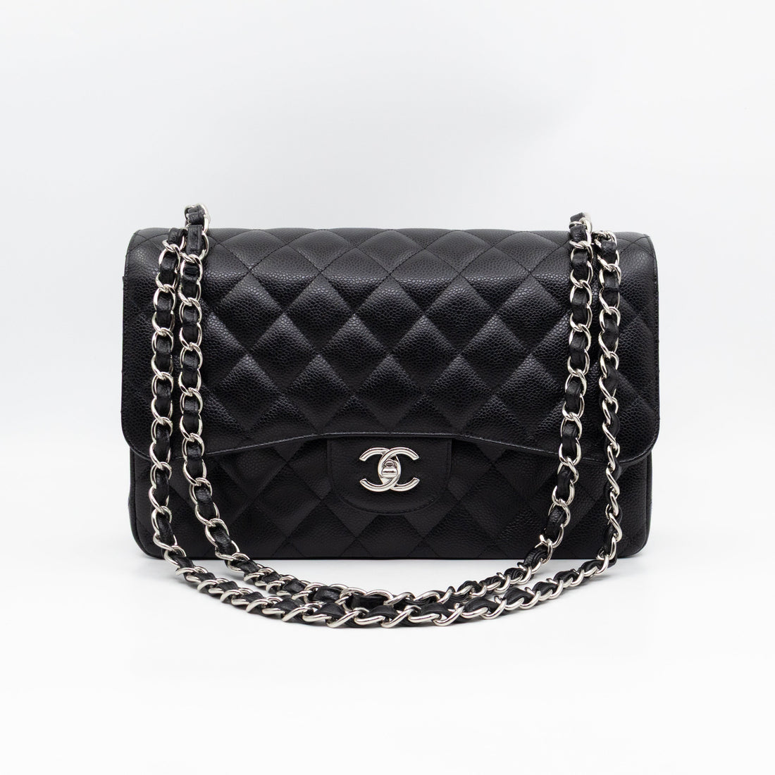 Classic Double Flap Jumbo Black Caviarskin Leather Silver