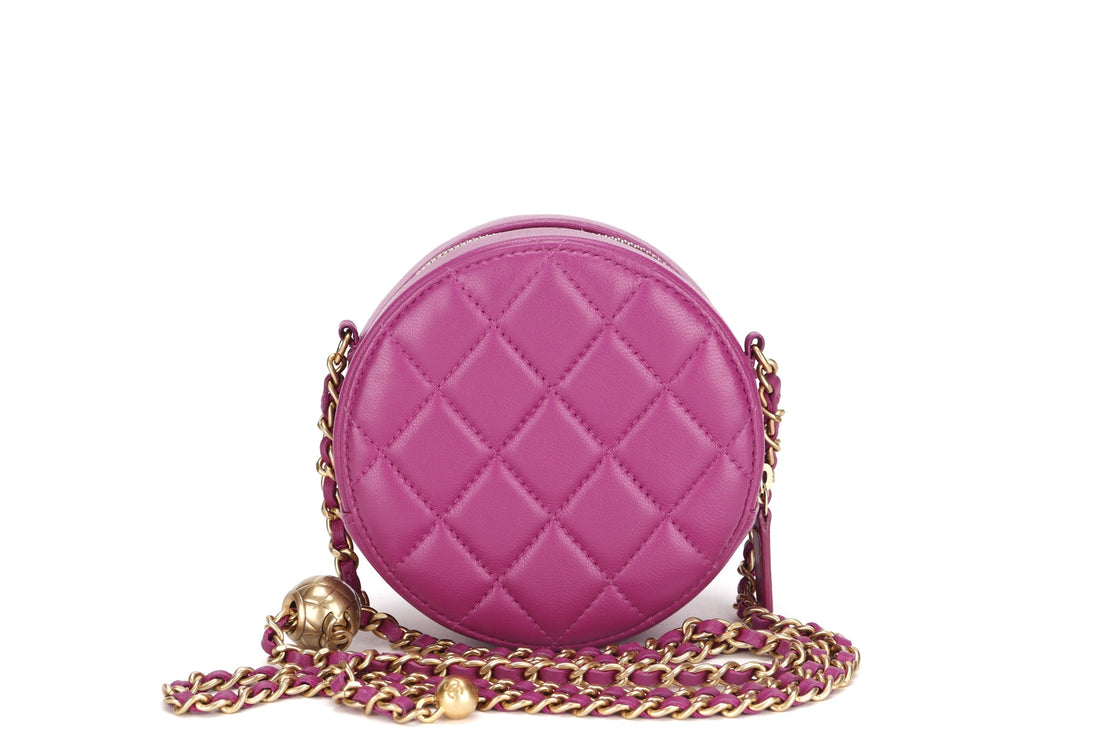 CHANEL PEARL CRUSH ROUND CLUTCH WITH CHAIN (3086xxxx) PURPLE LAMBSKIN GOLD HARDWARE, WITH , DUST COVER & BOX