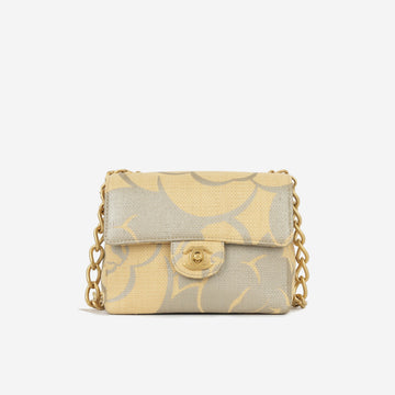 Chanel Vintage Mini Square Beige Camellia Raffia Antique Gold Hardware